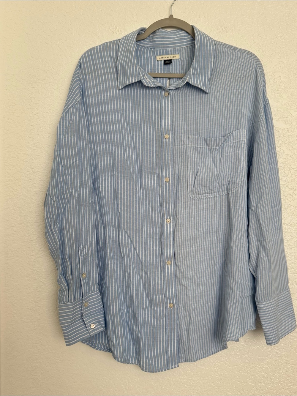American Eagle Blue Stripe Button-Down Shirt with Cute Open Back Bow Details